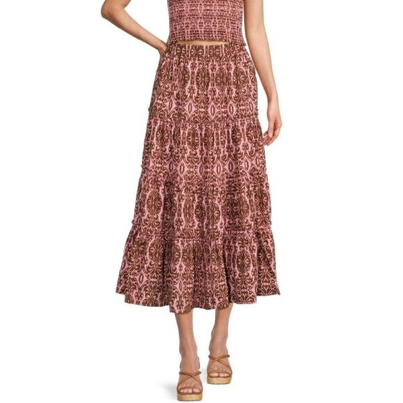 o.p.t Calipso Print Midi Skirt Size Medium Brown and Pink Tiered Elastic Waist - Picture 1 of 11
